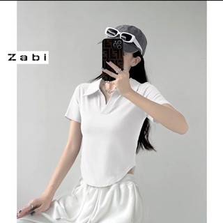 Áo thun croptop cổ POLO tay lỡ ZABI TRƠN AT030 thun co giãn 4 chiều