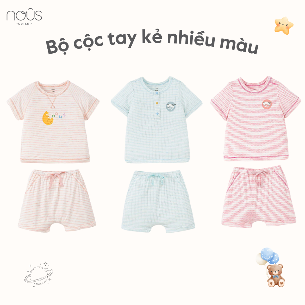 [Nous] Bộ cộc tay kẻ nhiều màu họa tiết dễ thương cho bé trai, bé gái (Size 6-24M)