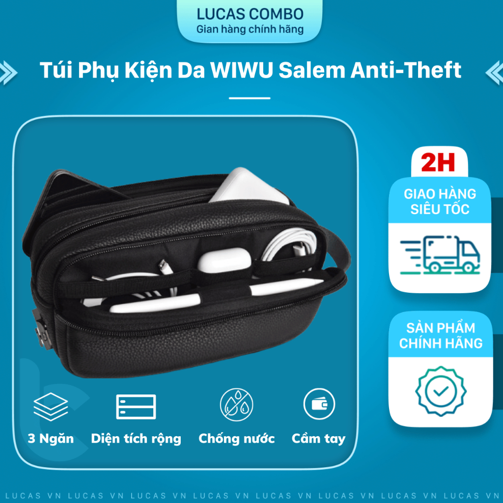 Túi Đựng Phụ Kiện Da WIWU Salem Anti-Theft Travel Pouch Khoá Chống Trộm, 3 Ngăn Đa Năng, Quai Xách Tiện Lợi, Chống Nước