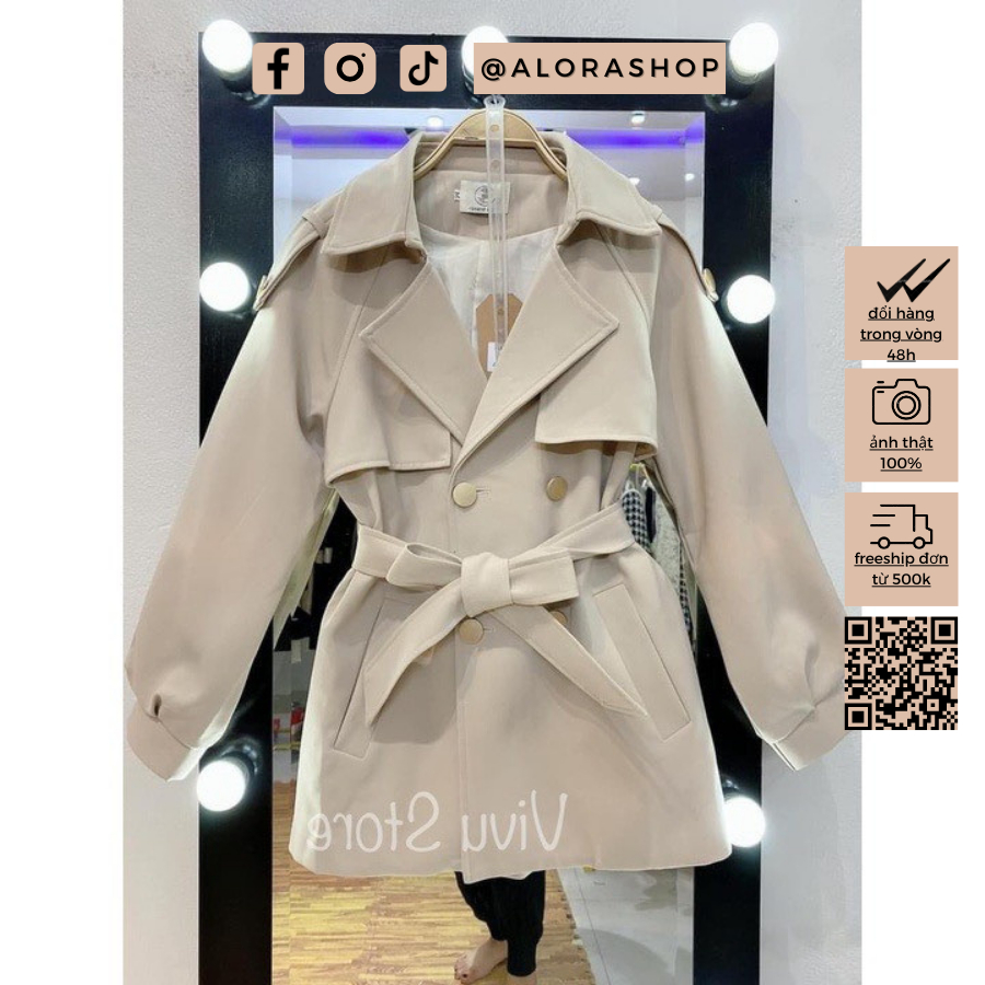 Áo khoác măng to dáng ngắn tay bồng kèm đai be, nâu, đen thời trang nữ Alora