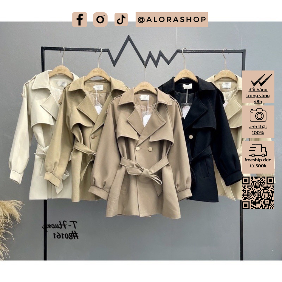 Áo khoác măng to dáng ngắn tay bồng kèm đai be, nâu, đen thời trang nữ Alora
