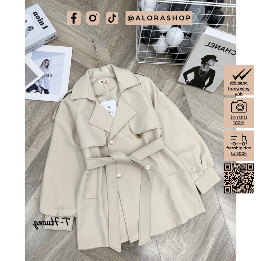 Áo khoác măng to dáng ngắn tay bồng kèm đai be, nâu, đen thời trang nữ Alora
