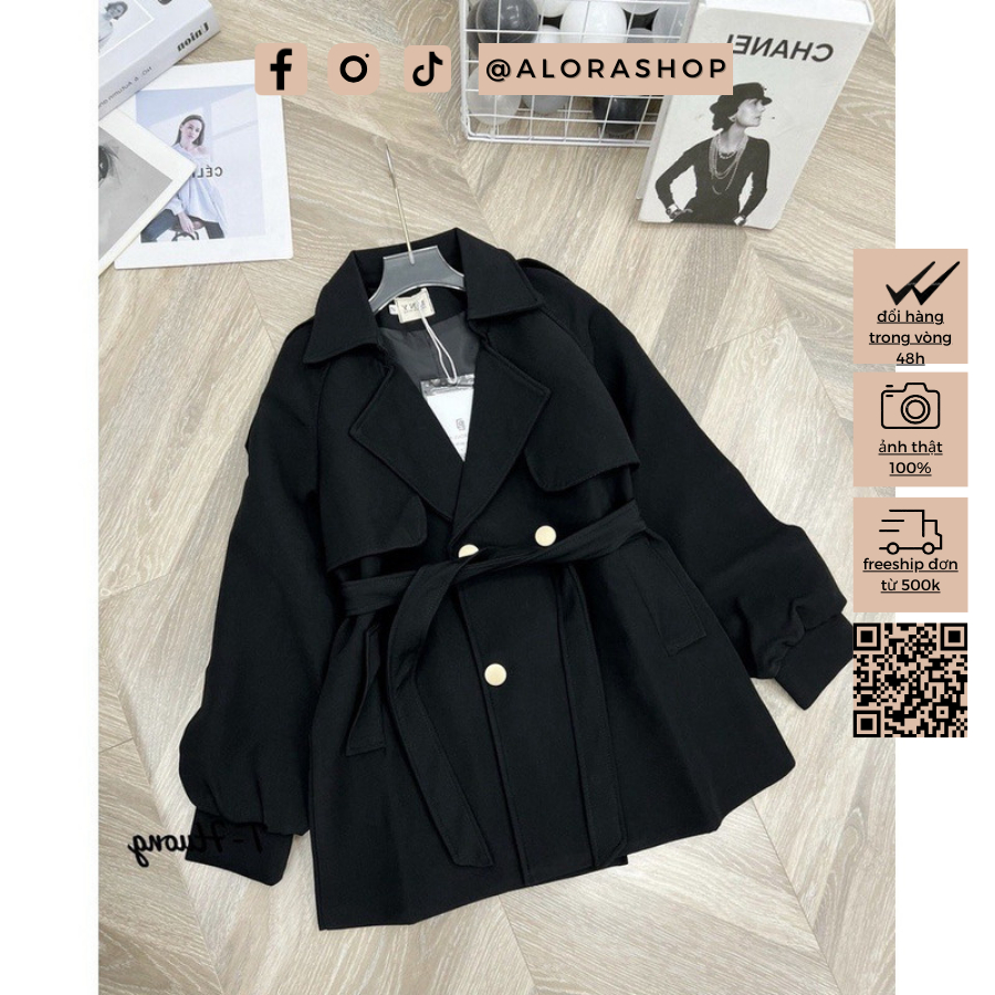 Áo khoác măng to dáng ngắn tay bồng kèm đai be, nâu, đen thời trang nữ Alora