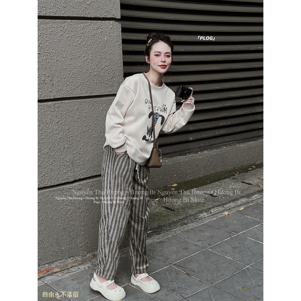 Set Bộ Đồ Nữ Áo Nỉ Dáng Dài In Hình Dog Mix Quần Kẻ Baggy Freesize