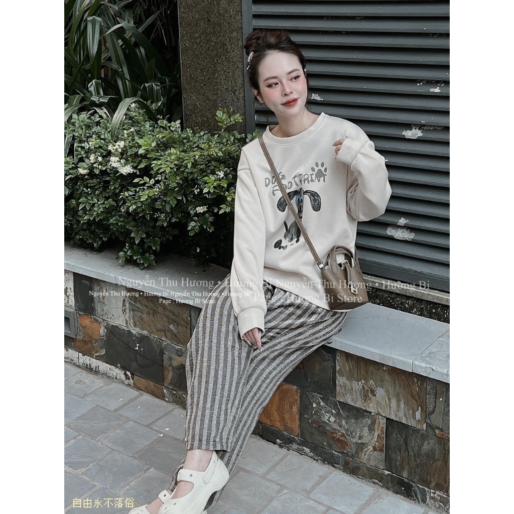 Set Bộ Đồ Nữ Áo Nỉ Dáng Dài In Hình Dog Mix Quần Kẻ Baggy Freesize