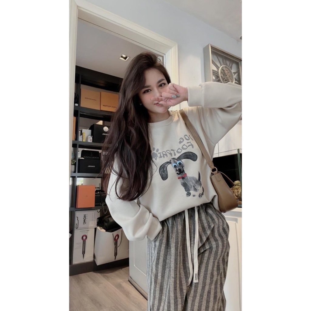 Set Bộ Đồ Nữ Áo Nỉ Dáng Dài In Hình Dog Mix Quần Kẻ Baggy Freesize