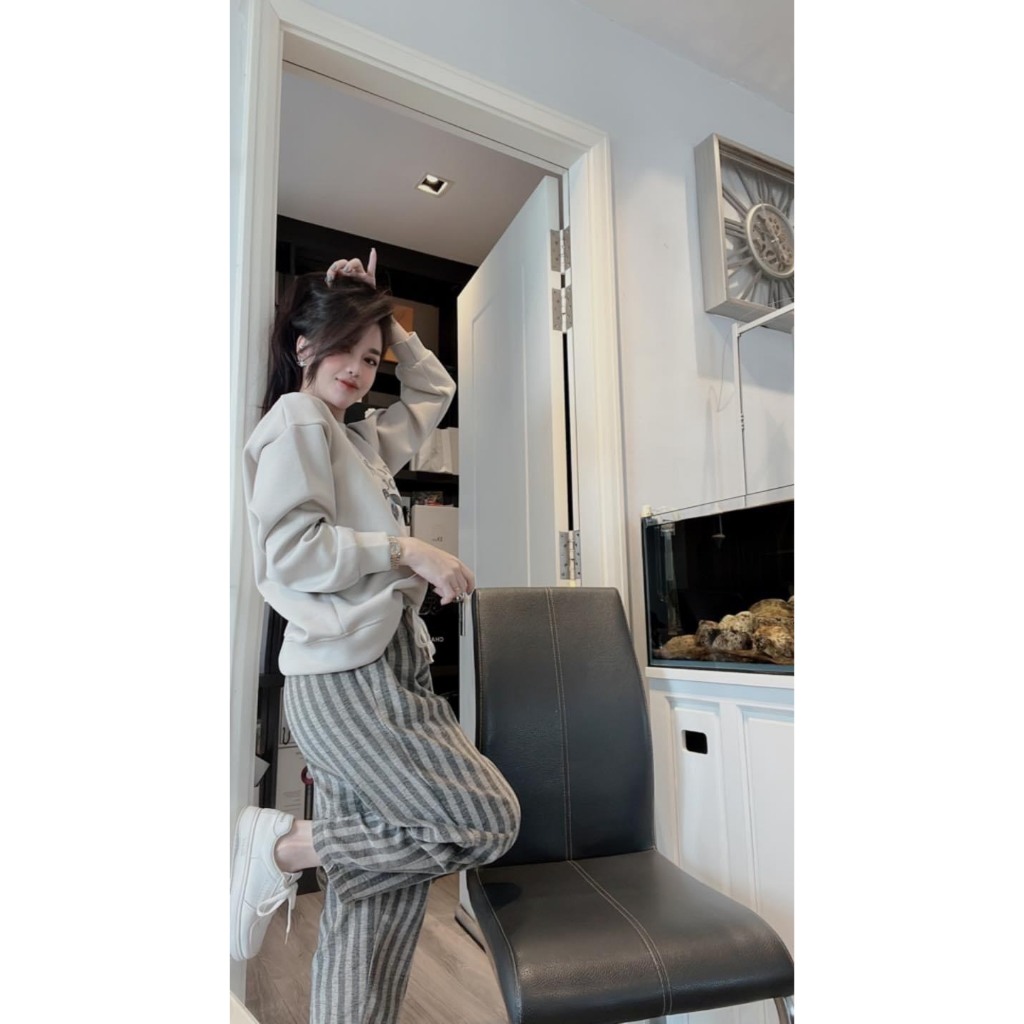 Set Bộ Đồ Nữ Áo Nỉ Dáng Dài In Hình Dog Mix Quần Kẻ Baggy Freesize