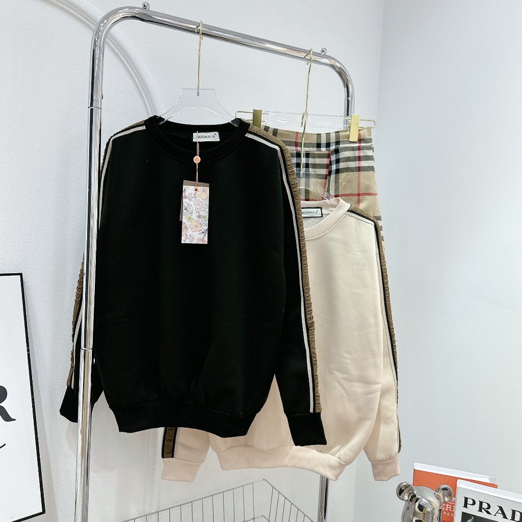 Set Bộ Đồ Nữ Áo Nỉ  Dáng Dài Phối Kẻ Tay Áo Mix Chân Váy Kẻ Freesiz