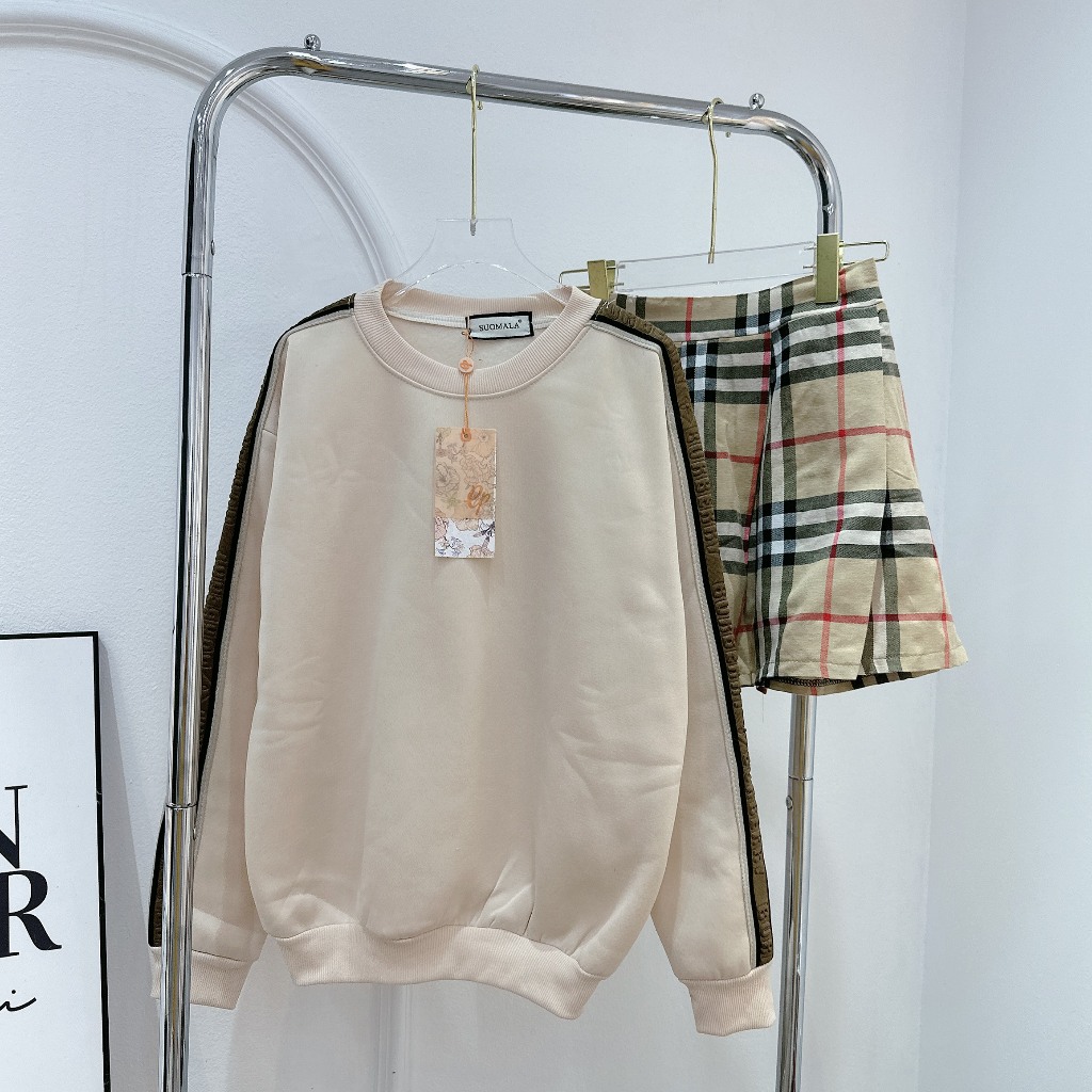 Set Bộ Đồ Nữ Áo Nỉ  Dáng Dài Phối Kẻ Tay Áo Mix Chân Váy Kẻ Freesiz