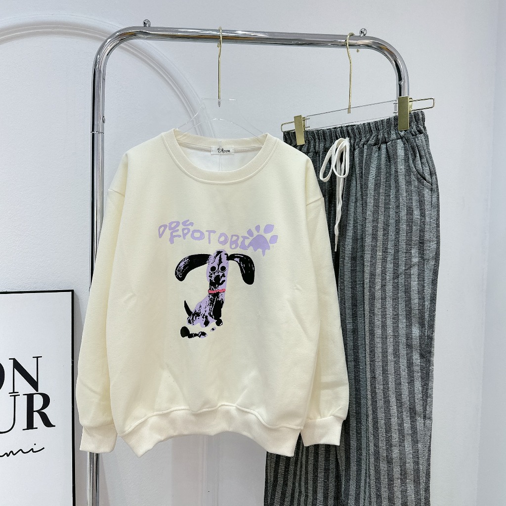 Set Bộ Đồ Nữ Áo Nỉ Dáng Dài In Hình Dog Mix Quần Kẻ Baggy Freesize