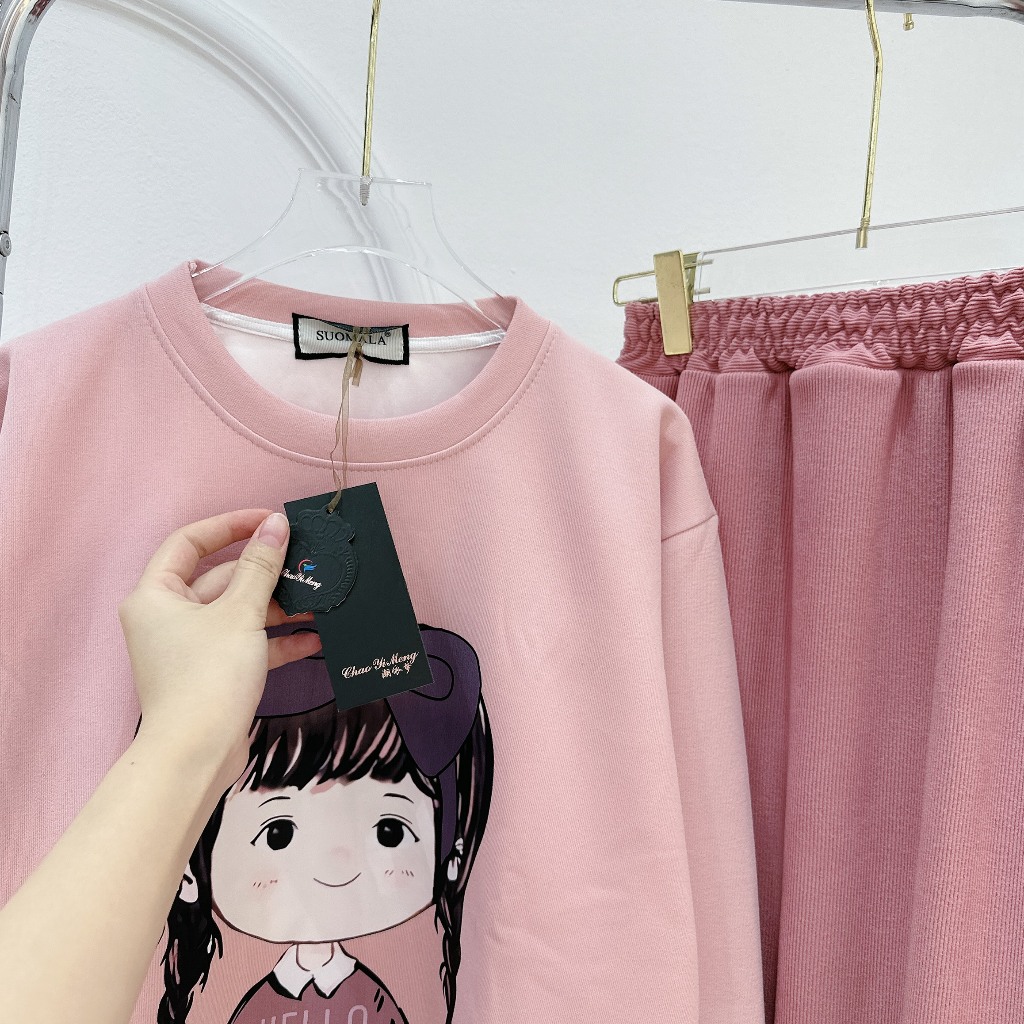 Set Bộ Đồ Nữ Áo Dáng Dài In Hình Cô Gái Đeo Bợp Tím Mix Chân Váy Dáng Dài Freesize