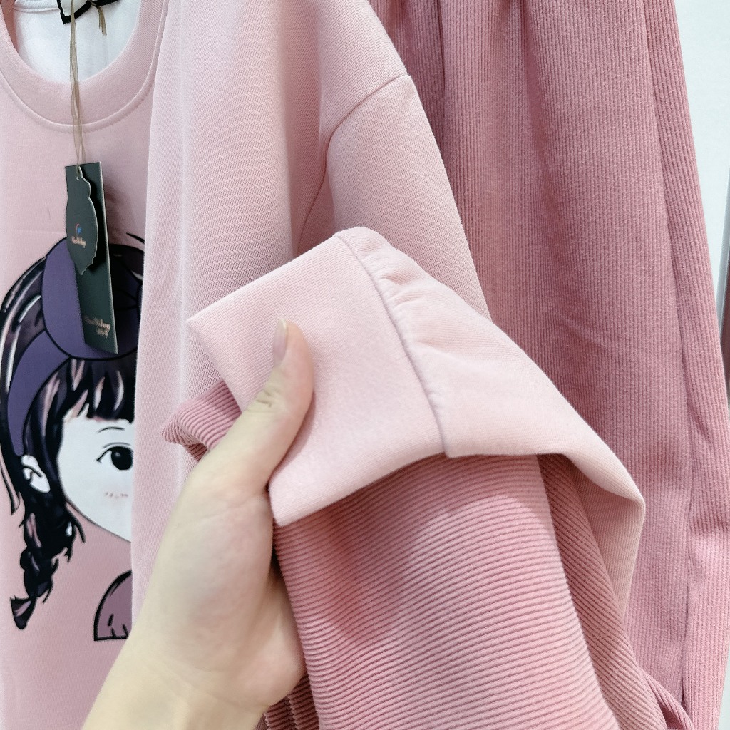 Set Bộ Đồ Nữ Áo Dáng Dài In Hình Cô Gái Đeo Bợp Tím Mix Chân Váy Dáng Dài Freesize