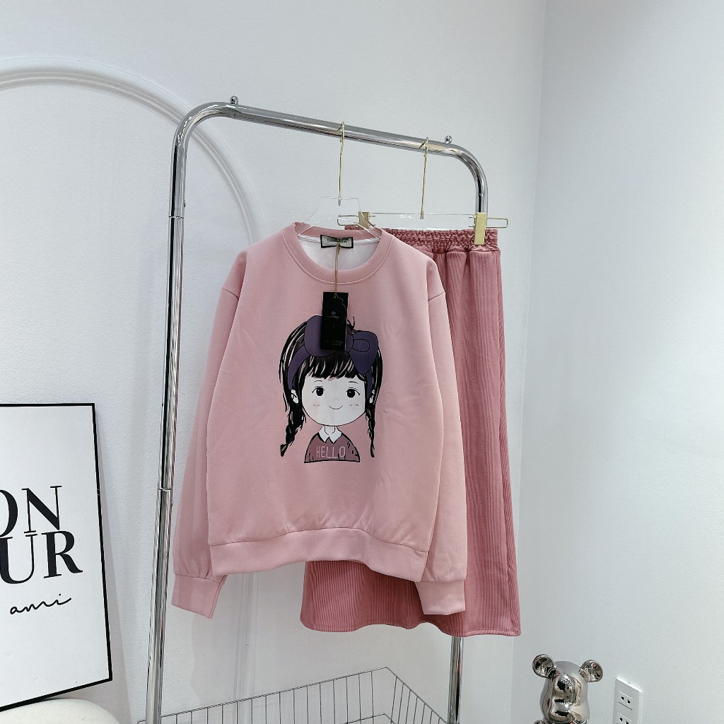 Set Bộ Đồ Nữ Áo Dáng Dài In Hình Cô Gái Đeo Bợp Tím Mix Chân Váy Dáng Dài Freesize