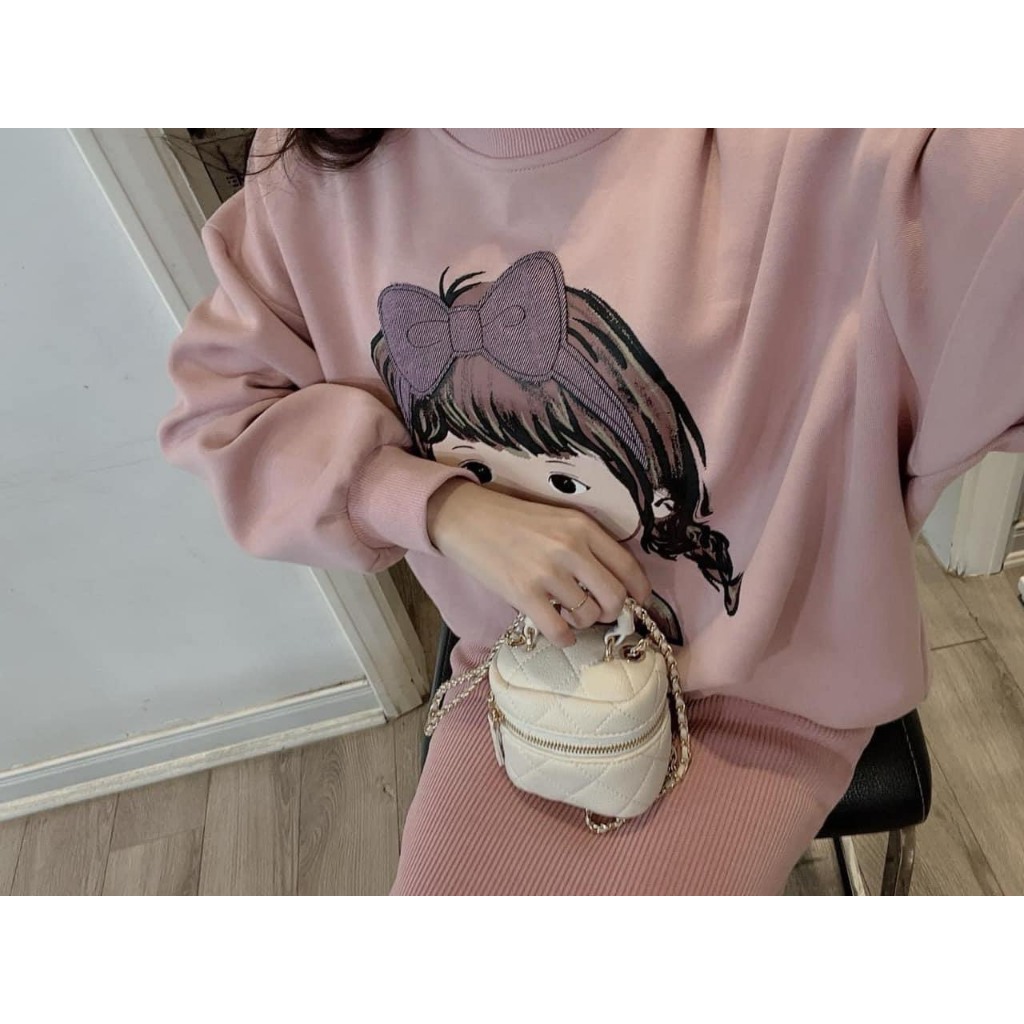 Set Bộ Đồ Nữ Áo Dáng Dài In Hình Cô Gái Đeo Bợp Tím Mix Chân Váy Dáng Dài Freesize