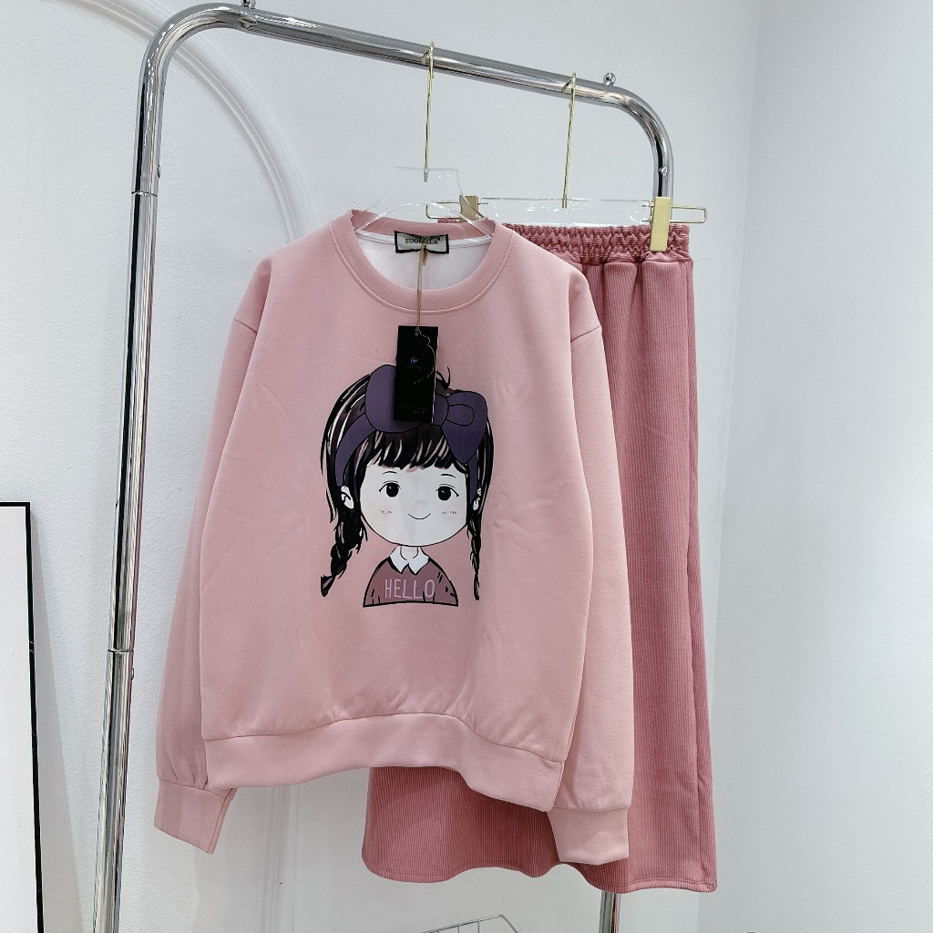 Set Bộ Đồ Nữ Áo Dáng Dài In Hình Cô Gái Đeo Bợp Tím Mix Chân Váy Dáng Dài Freesize