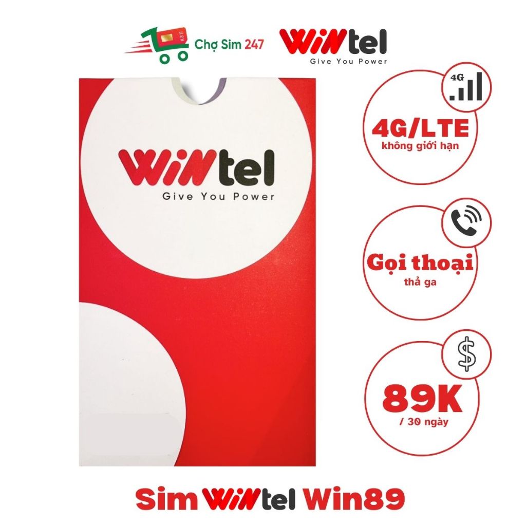 Sim Wintel Win89 - Sim 4G Data không giới hạn, sóng Vinaphone, dành cho điện thoại, máy tính bảng, phát wifi