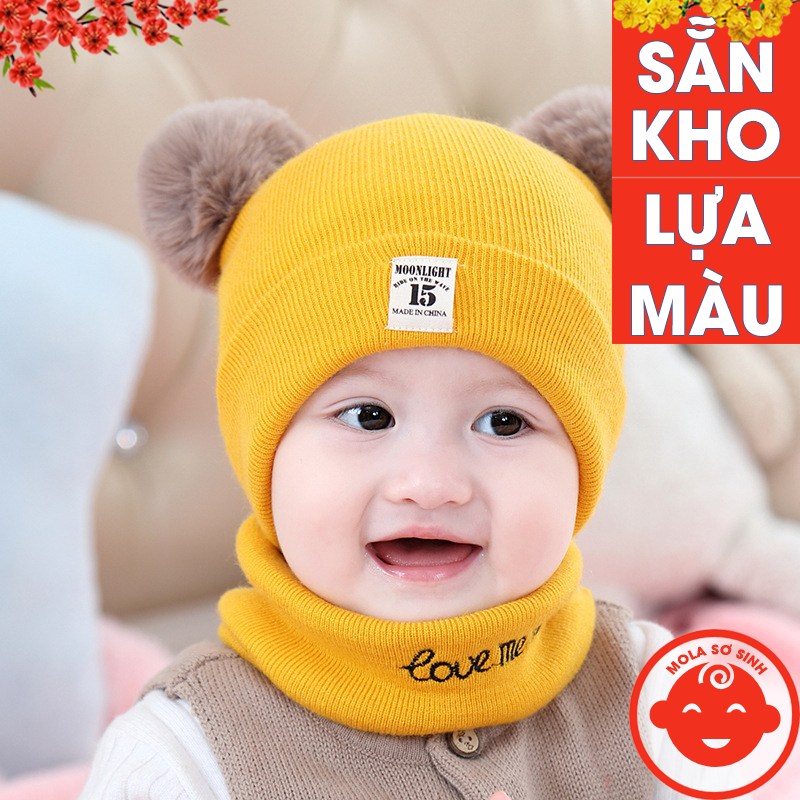Mũ len 2 quả bông KÈM KHĂN cho bé M36