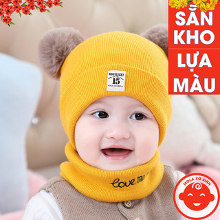 Mũ len 2 quả bông KÈM KHĂN cho bé