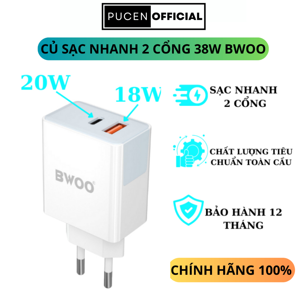 Củ sạc nhanh 2 cổng 38W BWOO cho các dòng máy Iphone Samsung Oppoo Xiaomi.... Bảo Hành 12 Tháng PUCEN