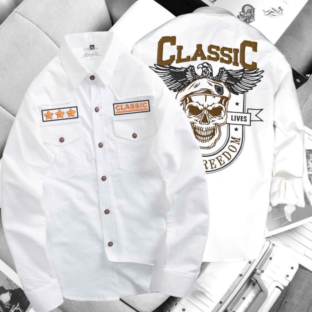 Áo sơ mi nam ông địa , rock , ecko , rebell calssic 1.1 logo túi hộp mặt sau in pes cao cấp