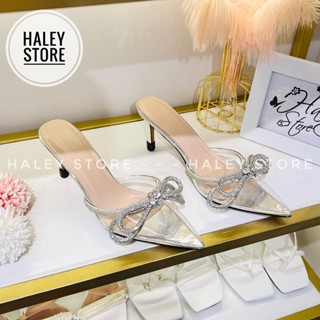  Giày sục nơ xoàn vip mika HALEY STORE cao gót 7cm quai đính nơ xoàn đá pha lê mũi nhọn công chúa tiểu thư cô dâu đi tiệc 