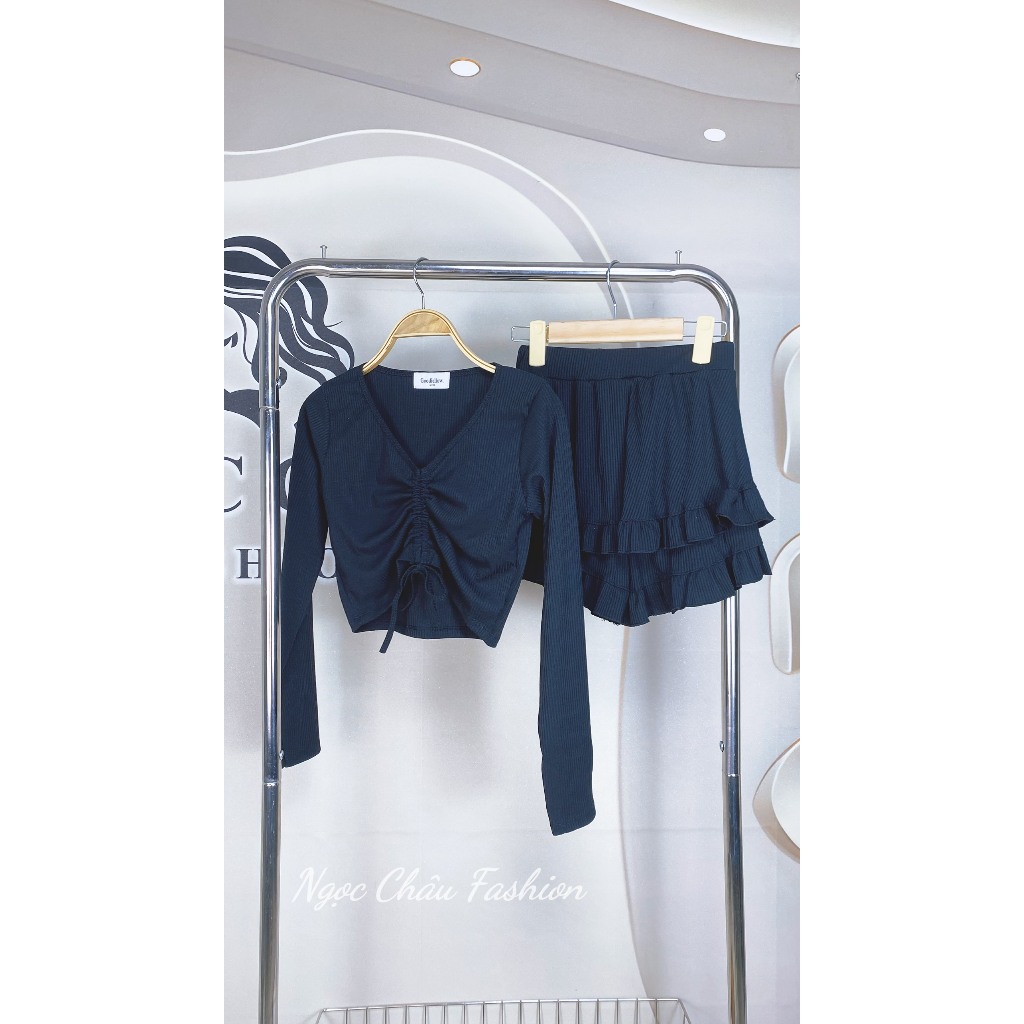 SET ÁO RÚT DÂY TAY DÀI KÈM QUẦN DÁNG NGẮN PHỐI LAI BÈO 4 MÀU NU, XÁM, ĐEN, XANH