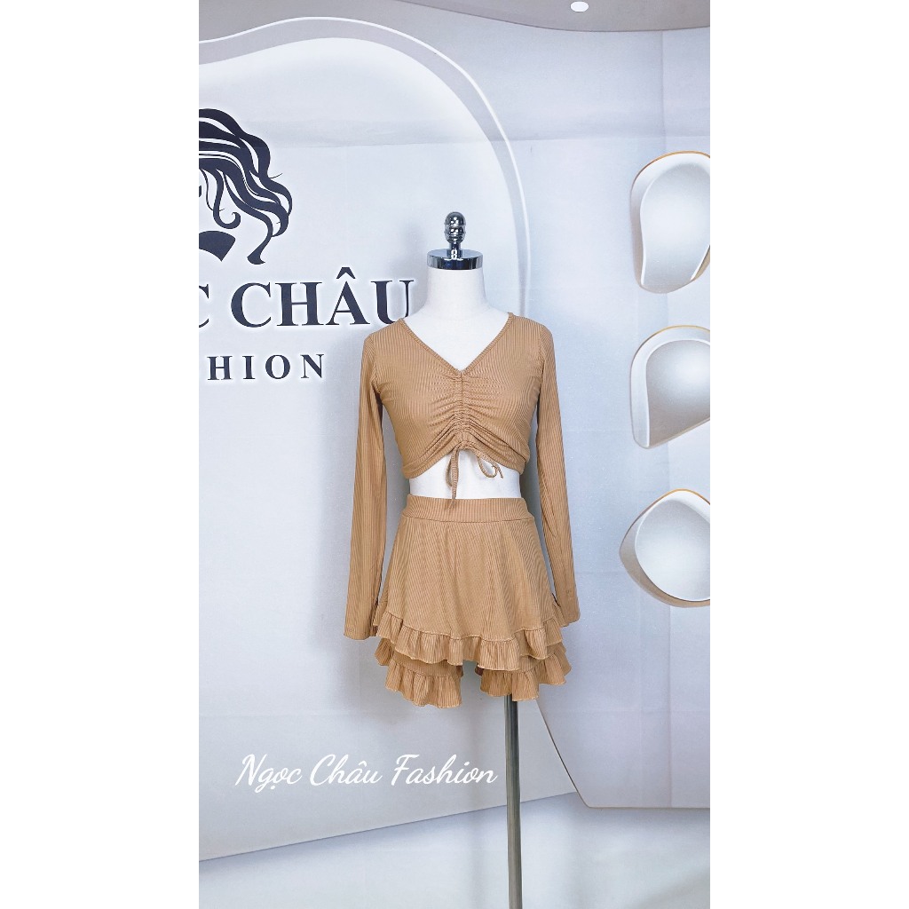 SET ÁO RÚT DÂY TAY DÀI KÈM QUẦN DÁNG NGẮN PHỐI LAI BÈO 4 MÀU NU, XÁM, ĐEN, XANH