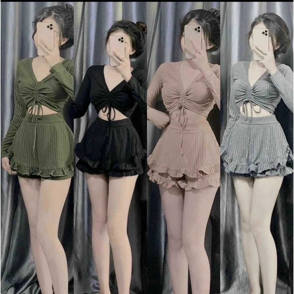 SET ÁO RÚT DÂY TAY DÀI KÈM QUẦN DÁNG NGẮN PHỐI LAI BÈO 4 MÀU NU, XÁM, ĐEN, XANH