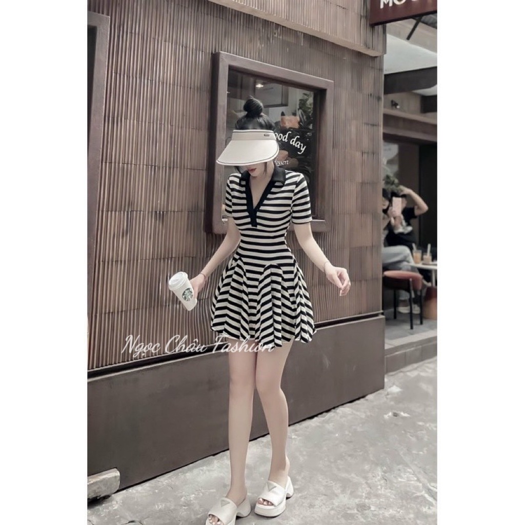 Đầm váy nữ ngắn dáng xòe trích eo tôn dáng cổ sơ mi chất thun tăm co dãn siêu xinh-Freesize đến 57kg