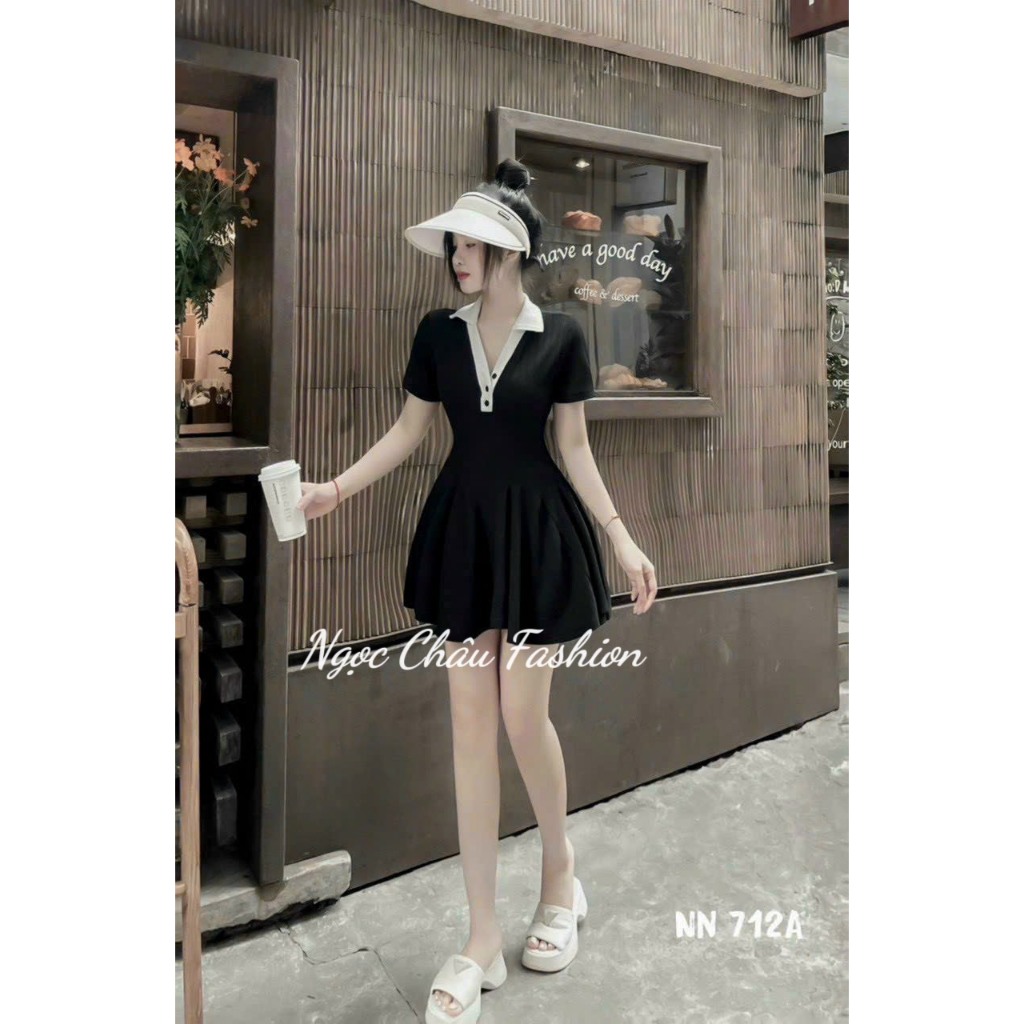 Đầm váy nữ ngắn dáng xòe trích eo tôn dáng cổ sơ mi chất thun tăm co dãn siêu xinh-Freesize đến 57kg