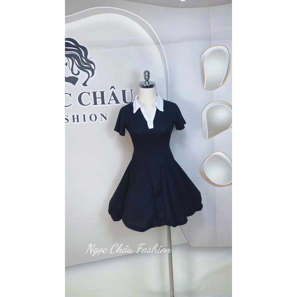 Đầm váy nữ ngắn dáng xòe trích eo tôn dáng cổ sơ mi chất thun tăm co dãn siêu xinh-Freesize đến 57kg