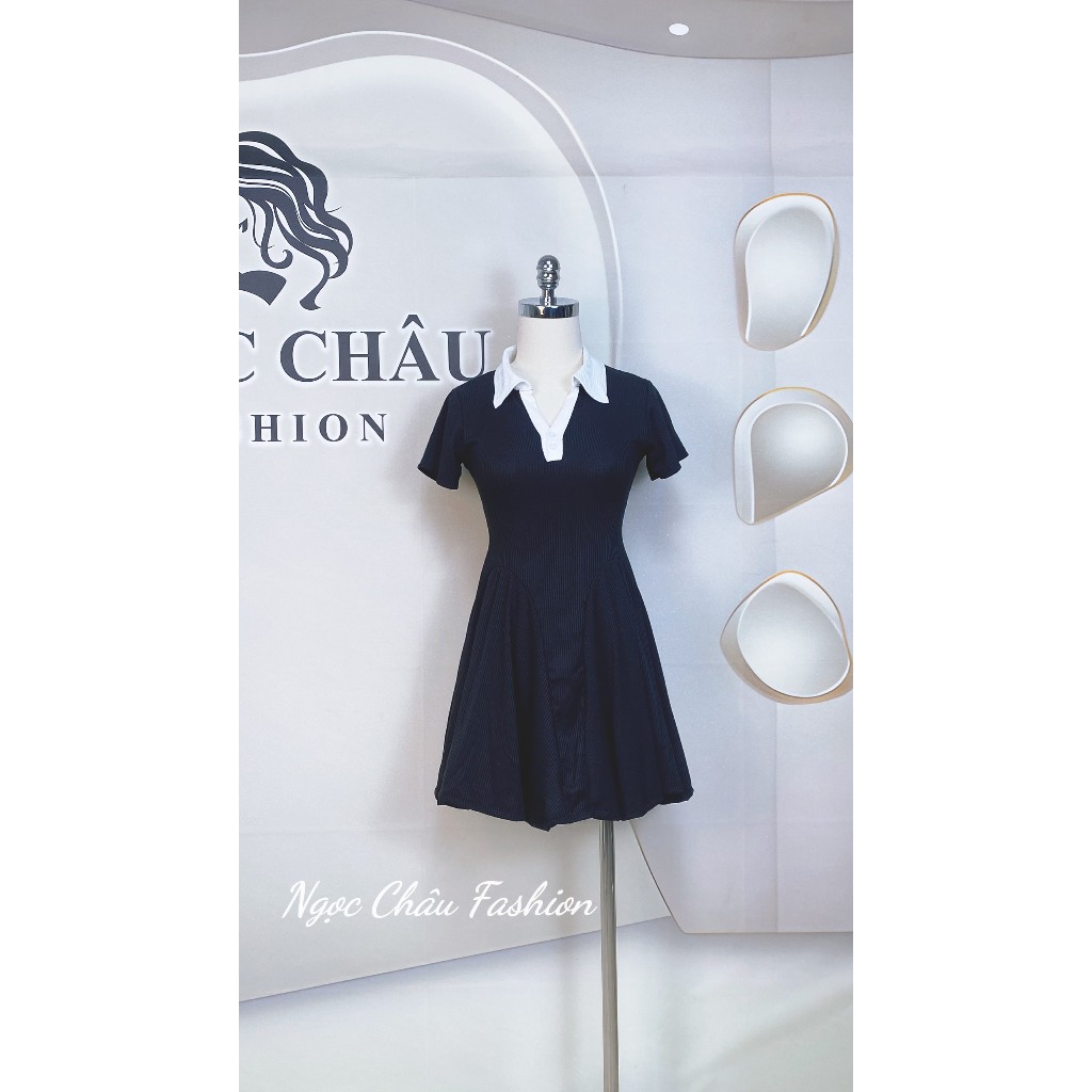 Đầm váy nữ ngắn dáng xòe trích eo tôn dáng cổ sơ mi chất thun tăm co dãn siêu xinh-Freesize đến 57kg