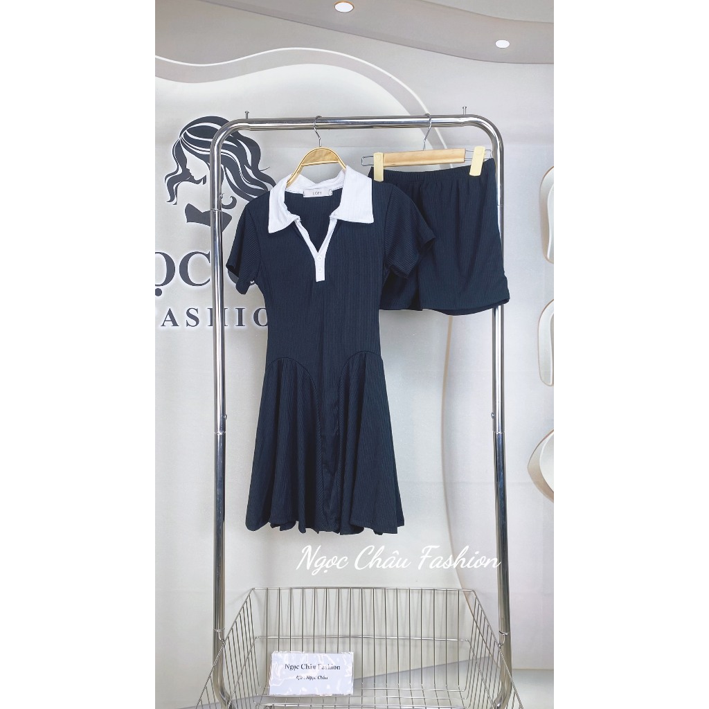Đầm váy nữ ngắn dáng xòe trích eo tôn dáng cổ sơ mi chất thun tăm co dãn siêu xinh-Freesize đến 57kg