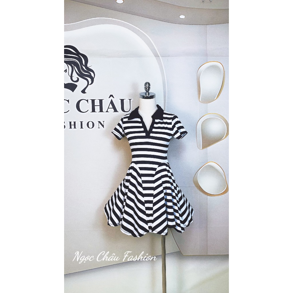 Đầm váy nữ ngắn dáng xòe trích eo tôn dáng cổ sơ mi chất thun tăm co dãn siêu xinh-Freesize đến 57kg