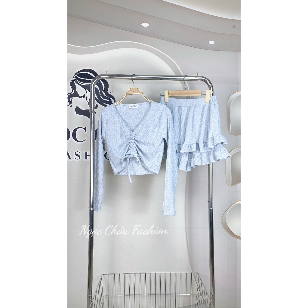 SET ÁO RÚT DÂY TAY DÀI KÈM QUẦN DÁNG NGẮN PHỐI LAI BÈO 4 MÀU NU, XÁM, ĐEN, XANH