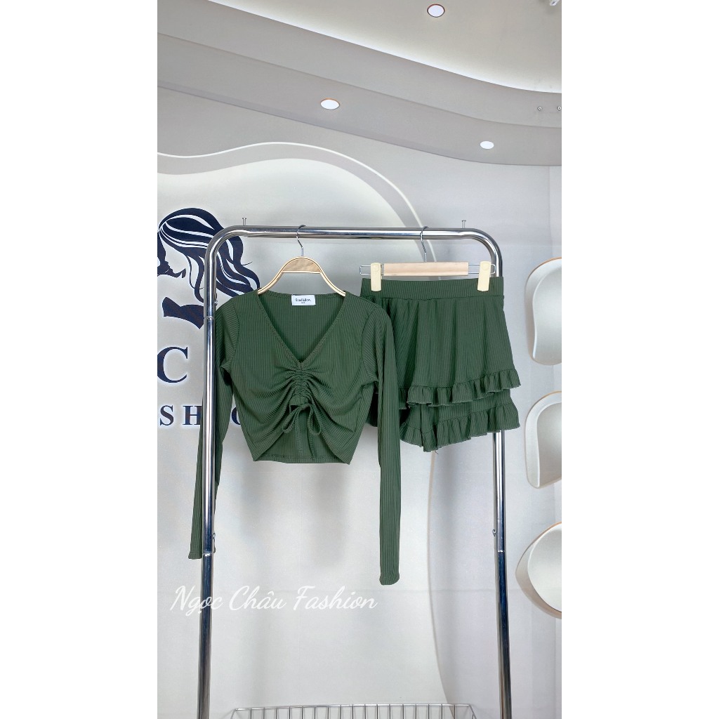 SET ÁO RÚT DÂY TAY DÀI KÈM QUẦN DÁNG NGẮN PHỐI LAI BÈO 4 MÀU NU, XÁM, ĐEN, XANH