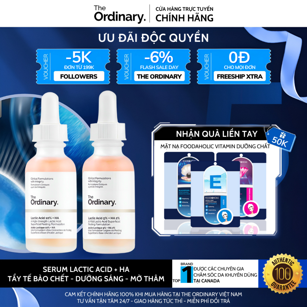 The Ordinary Lactic Acid 5% + HA, Latic Acid 10% + HA, Serum Tẩy Tế Bào Chết Mặt Peel Da, Tinh Chất Dưỡng Sáng Mờ Thâm