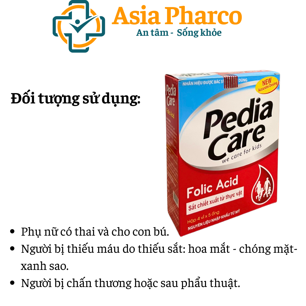 Siro Pedia Care Folic Acid Bổ sung sắt, ngăn ngừa thiếu máu thiếu sắt - Hộp 20 ống