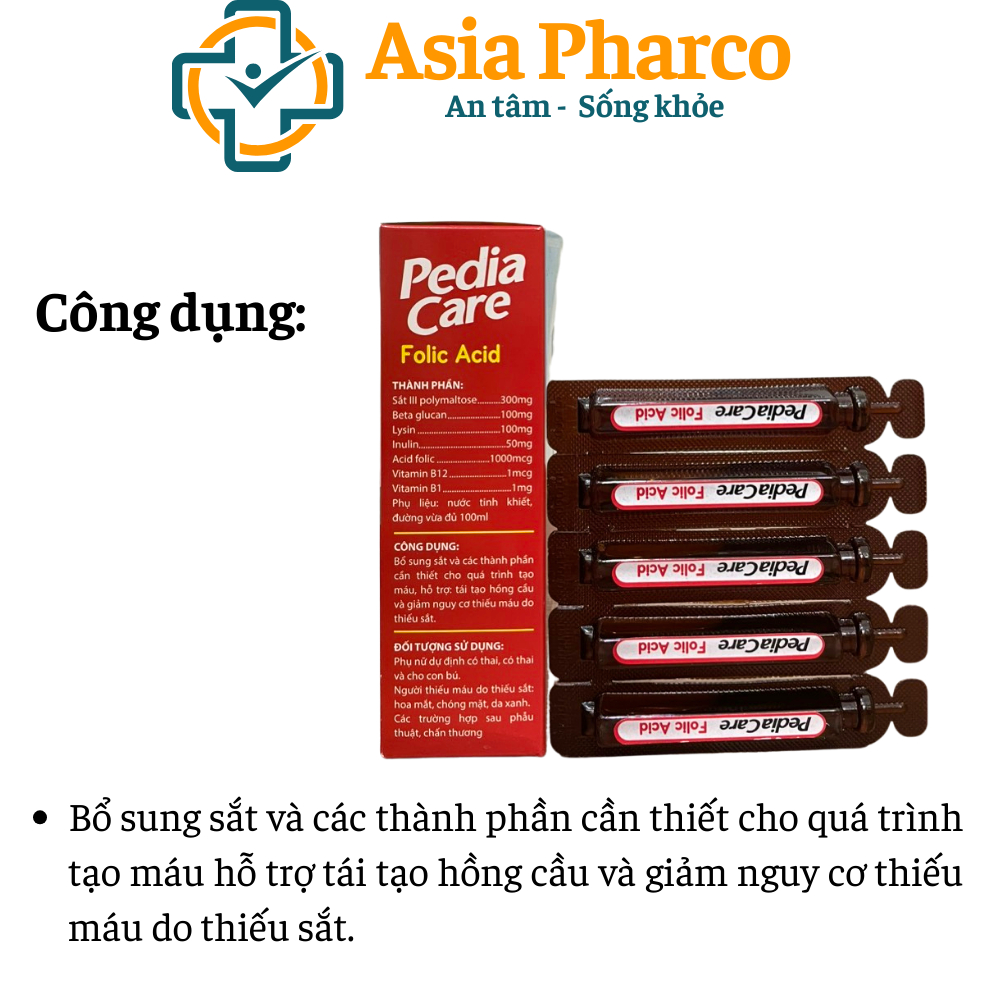 Siro Pedia Care Folic Acid Bổ sung sắt, ngăn ngừa thiếu máu thiếu sắt - Hộp 20 ống
