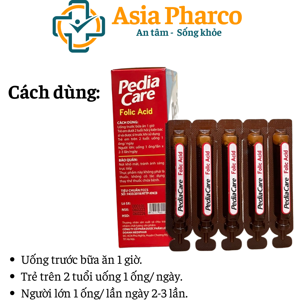 Siro Pedia Care Folic Acid Bổ sung sắt, ngăn ngừa thiếu máu thiếu sắt - Hộp 20 ống