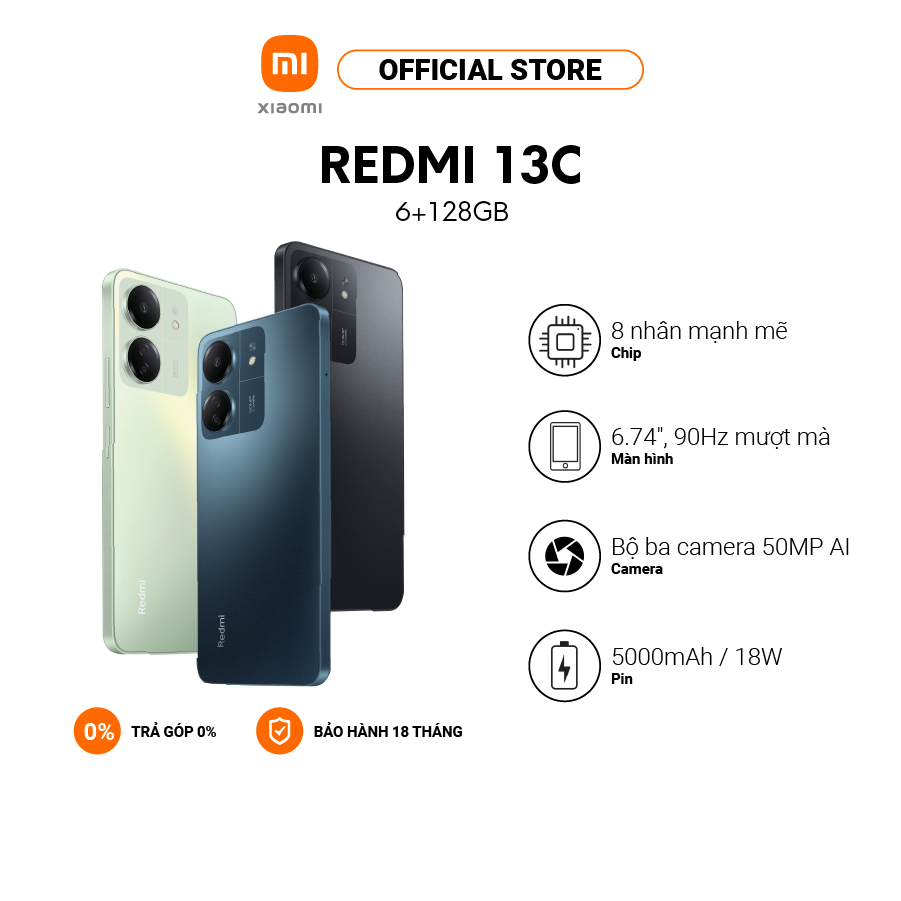 Điện thoại Redmi 13C (6+128GB) | 6.74" 90Hz| Media Tek Helio G85| 5000mAh