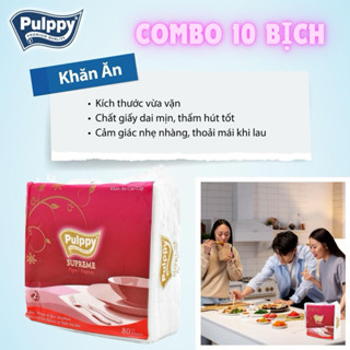 combo 10 bịch khăn ăn cao cấp pulppy đỏ 80 x2 lớp tờ mềm mịn dai thấm hút tốt