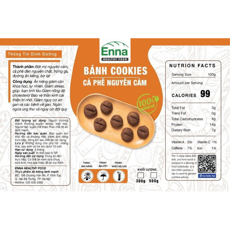 Bánh cookies cà phê nguyên cám 500g- cà phê đen nguyên chất- cookies coffee bean giảm cân không đường- Enna healthy food