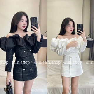  Set váy đầm dạ tweed trễ vai cúp ngực áo dạ cúc dọc 2 bên cúc đồng dạ tweed đính kim tuyến kim sa lấp lánh blingbling 