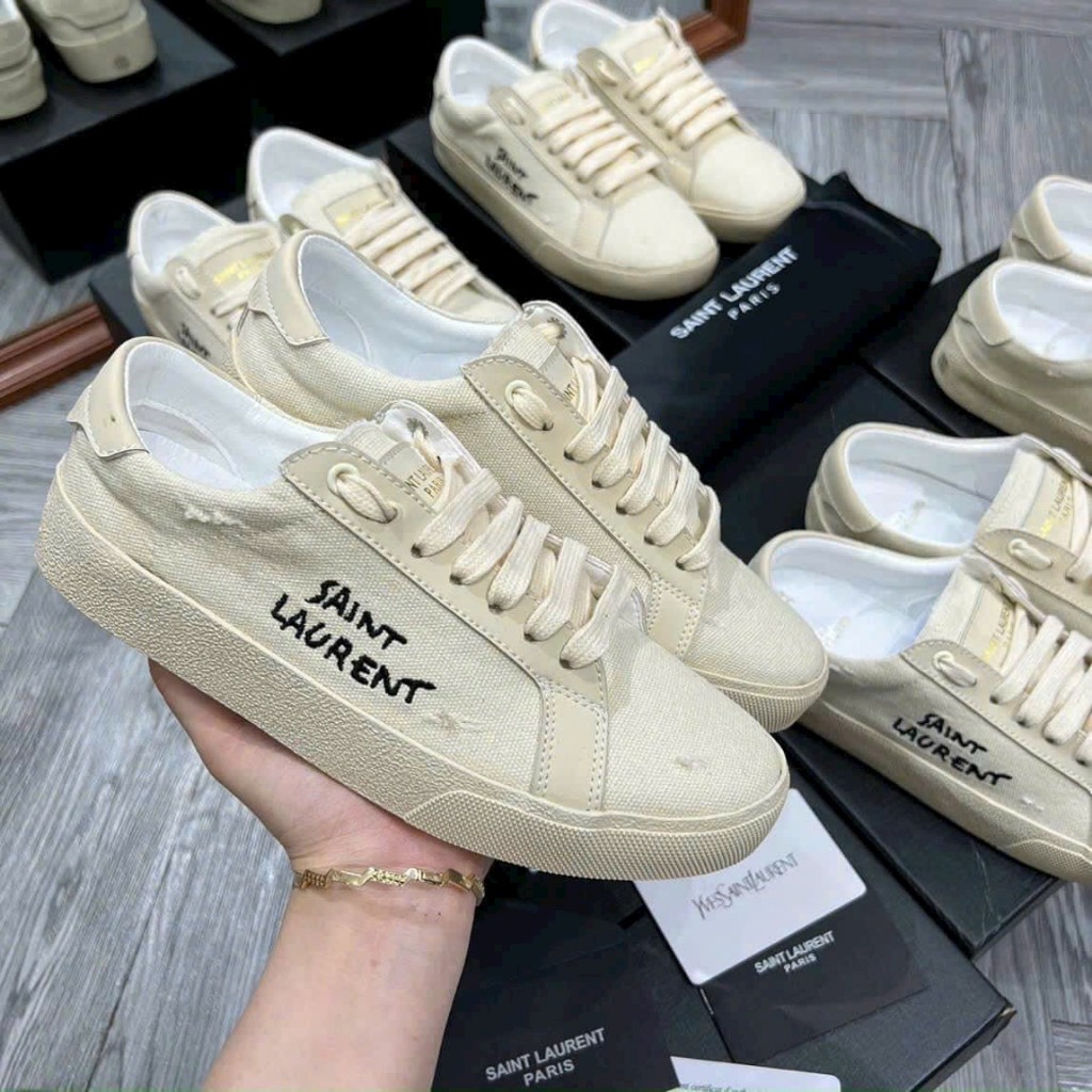 Giày SAINT LAURENT PARIS vải màu be sữa,giày thể thao YSL sneaker nam nữ bản cao cấp đầy đủ phụ kiện