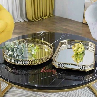 Khay đa năng đựng mỹ phẩm, trang trí nhà cửa tráng gương viền mạ vàng hình chữ nhật- hình tròn