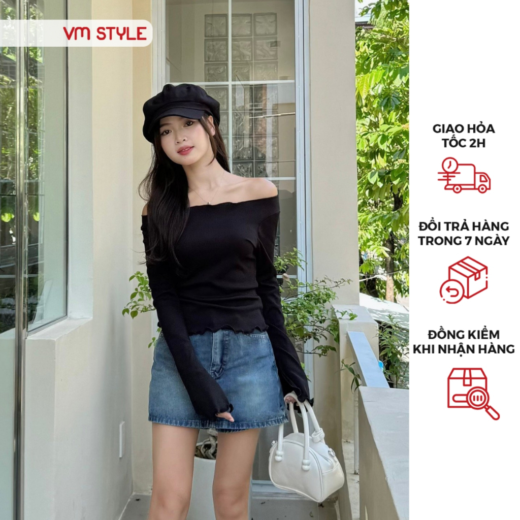 Áo thun nữ VMSTYLE croptop form ôm tay dài ống loe trễ vai lai cuốn biên nhiều màu đi học, đi chơi 37203 - ATU00576