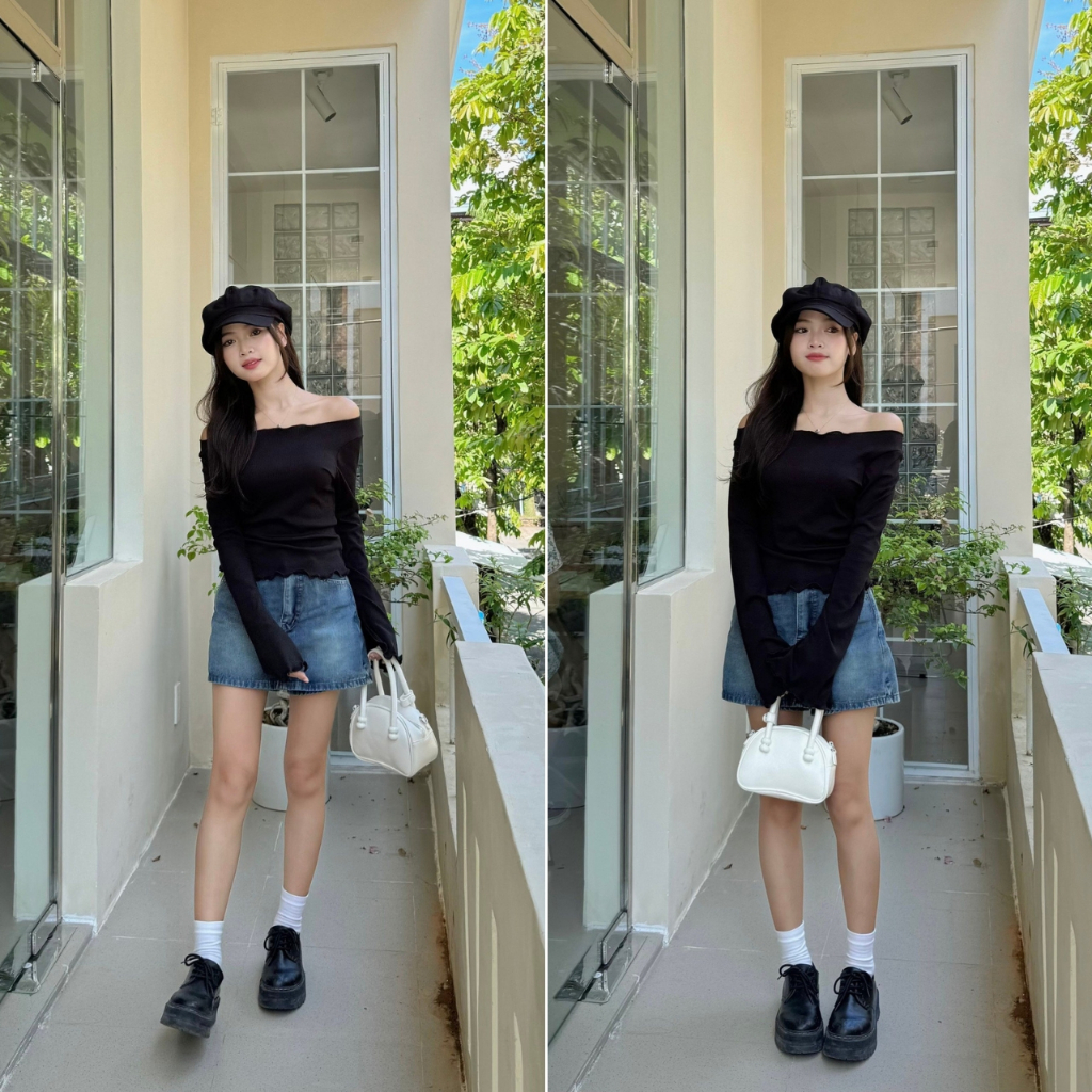 Áo kiểu tay dài nữ VMSTYLE form ôm ống tay loe trễ vai lai cuốn biên trơn đi học, đi chơi ATU00576