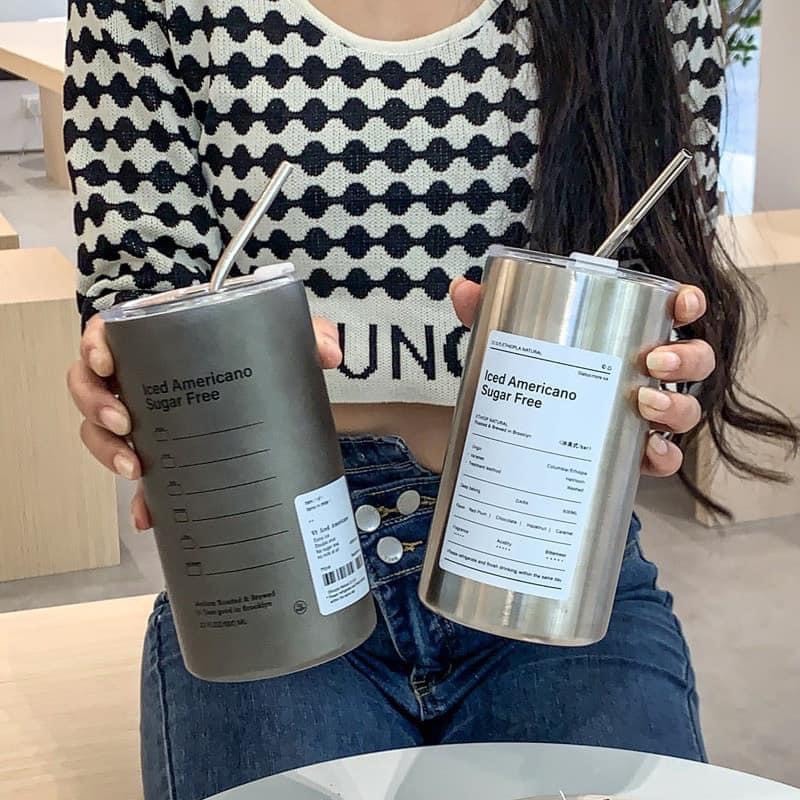 Bình đựng nước giữ nhiệt YUNOZA - Ly giữ nhiệt Iced Americano inox 304 cao cấp không gỉ uống cà phê dùng văn phòng