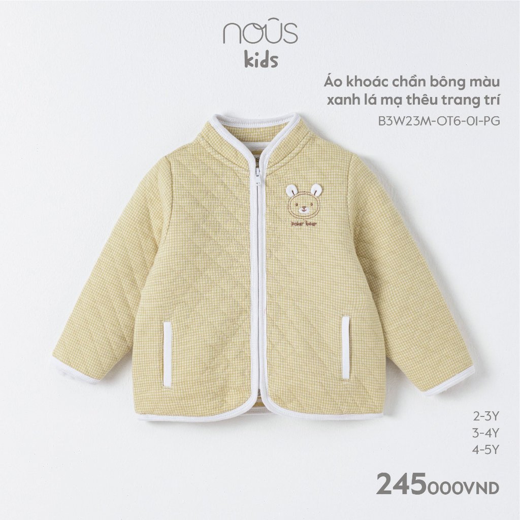 NOUS - Áo khoác chần bông màu xanh lá mạ thêu trang trí - Nu P Petit - (Size Từ 2-3 Tuổi Đến 5-6 Tu